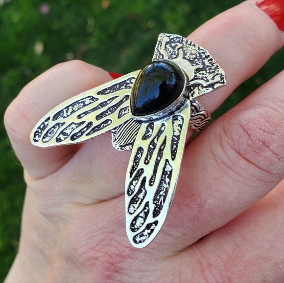 New Black Onyx Flying Insect Silver Ring. - Picture 3 of 15
